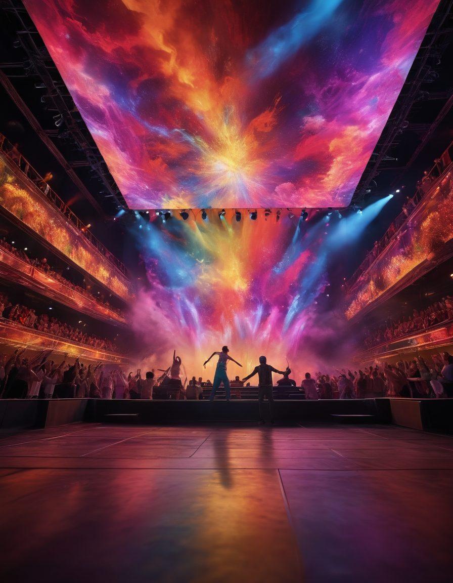 A captivating stage set adorned with colorful lights, showcasing a diverse group of performers in dynamic poses, each representing different live cam performances. The foreground features a vibrant audience captivated by the spectacle, with a stunning backdrop of swirling colors and abstract patterns that evoke a sense of movement. The overall atmosphere should feel energetic and immersive, inviting viewers to experience the thrill of live performances. super-realistic. vibrant colors. 3D.