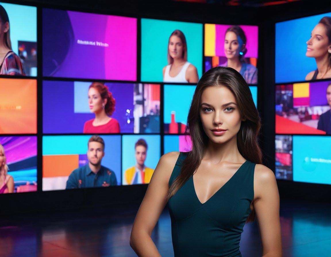 A captivating scene showcasing a modern cam studio with a stylish cam model engaging with viewers on a digital screen, surrounded by vibrant lights and technology. The backdrop features an abstract representation of virtual interactions transforming into real-life connections, with emotive expressions and diverse audience reactions displayed on screens. The atmosphere is dynamic, blending online digital elements with tangible realities. vibrant colors. super-realistic.